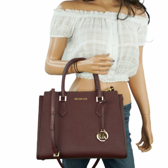Michael Kors Hope Large Satchel Shoulder Leather Bag Merlot - Picture 1 of 9